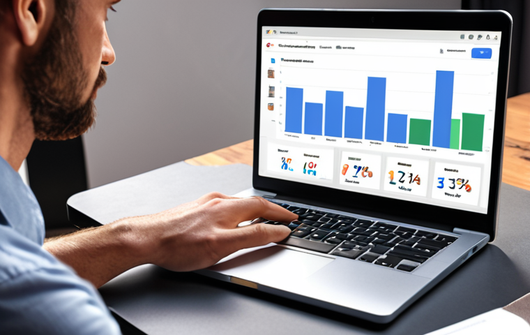 A marketer analyzing Google Analytics data on a laptop, discovering customer insights and adjusting ad campaigns.