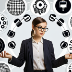 A person juggling various marketing tasks (content creation, social media, data analysis) with a determined expression, symbolizing the multi-faceted role of a startup marketer. The background includes icons representing creativity, data, and limited resources.