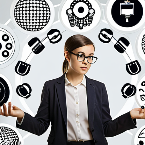 Home 6 A person juggling various marketing tasks (content creation, social media, data analysis) with a determined expression, symbolizing the multi-faceted role of a startup marketer. The background includes icons representing creativity, data, and limited resources.