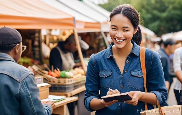 스타트업 마케팅 실기 - **Image Prompt 1: Empathetic Startup Founder Engages with Customers at a Local Market**
A bright...
